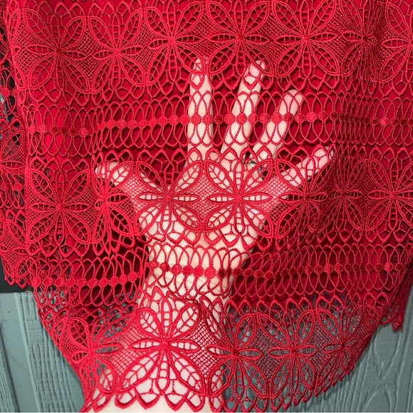 Talbots Petites lace top, bright red w/ see-through sleeves, zipper on left side - Picture 6 of 9